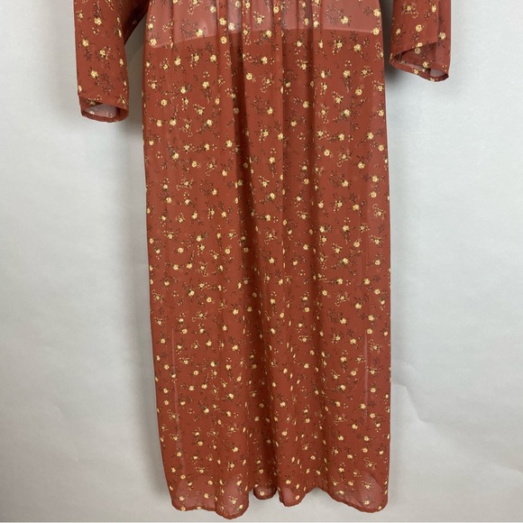 Forever 21 Floral Kimono Robe Semi-Sheer Size Medium Brown Belted Yellow Roses - Picture 9 of 10